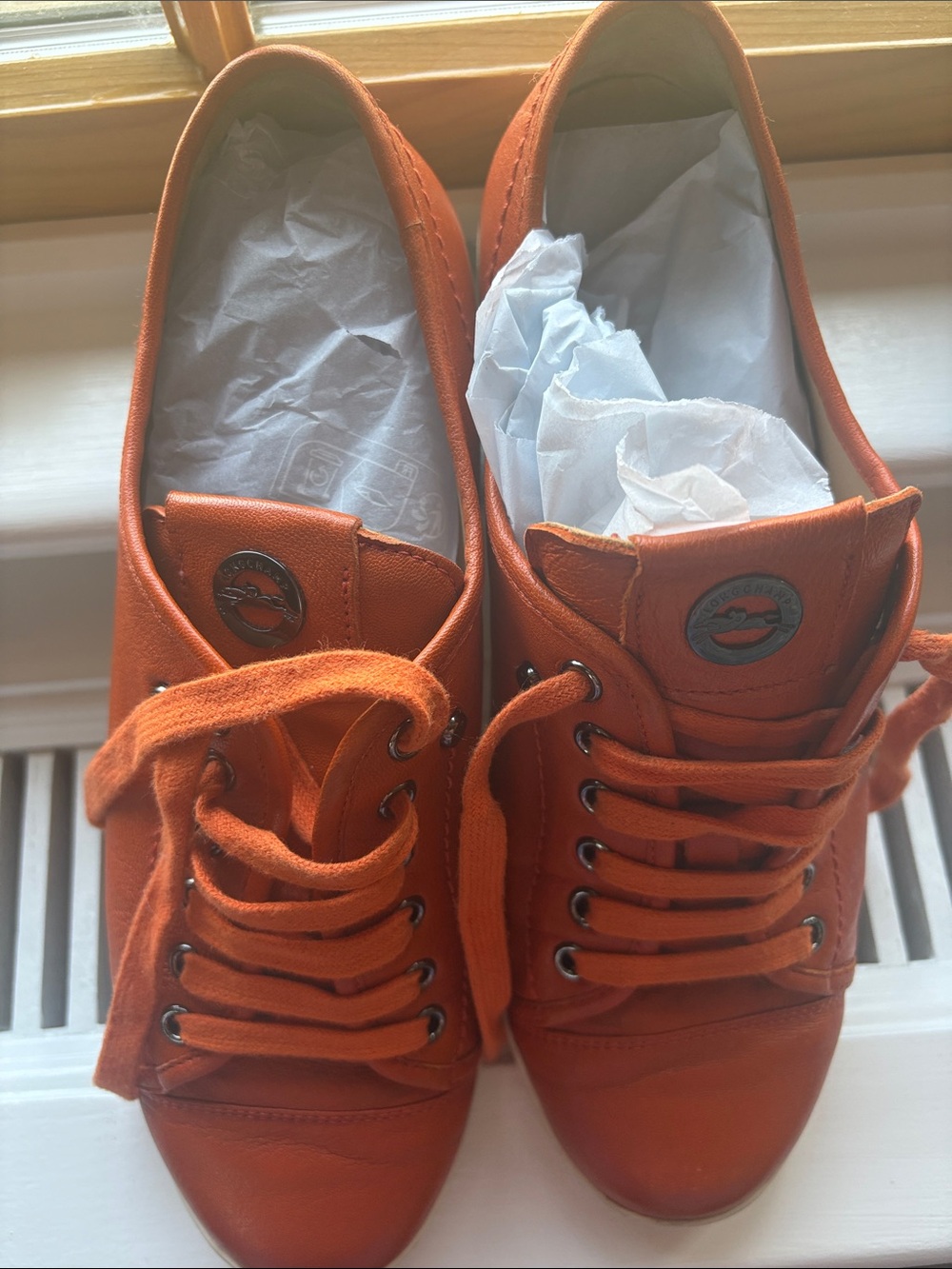 Longchamp Orange Leather Low-Top Court Shoe - Picture 5 of 12
